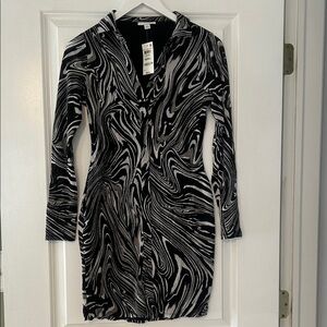 Bar III Monochrome Swirl Long Sleeve Dress